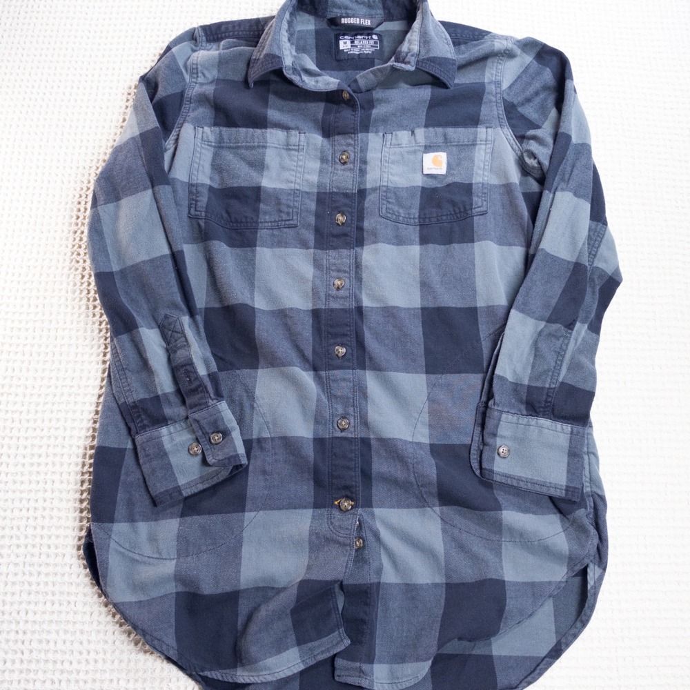 Carhartt Rugged Flex Women M Blue Grey Buffalo Plaid Flannel Shirt 104974 ELM